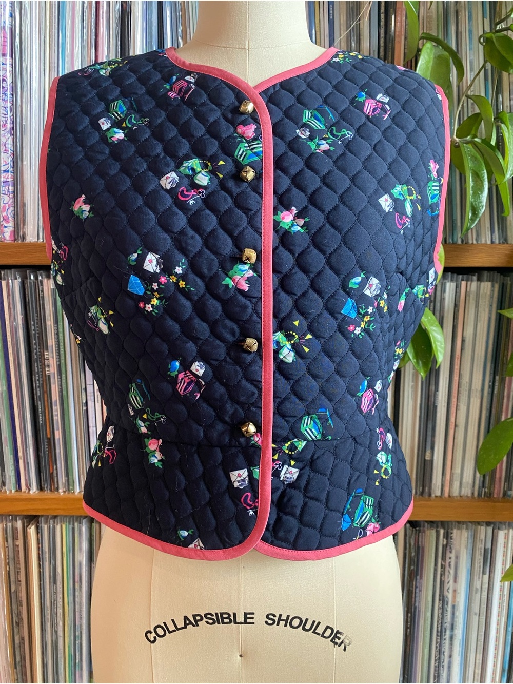 EUC BATSHEVA - Quilted Navy Floral Print Vest with Jingle-bells buttons - size 4